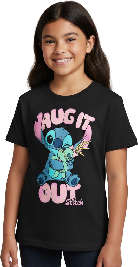Disney Lilo & Stitch T-Shirt für Mädchen - Hug it out Oberteil Kinder Shirt kurzärmlig Schwarz 134-140