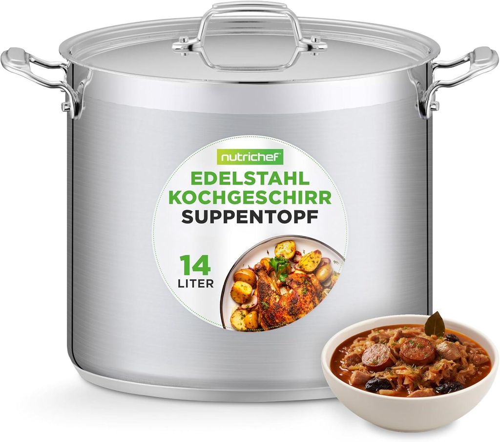 NutriChef Edelstahl Kochtopf 15,1L Induktion – Suppentopf mit Deckel, Profiqualität für Gastronomie & Meal Prep Hitzebeständig bis 260 °C