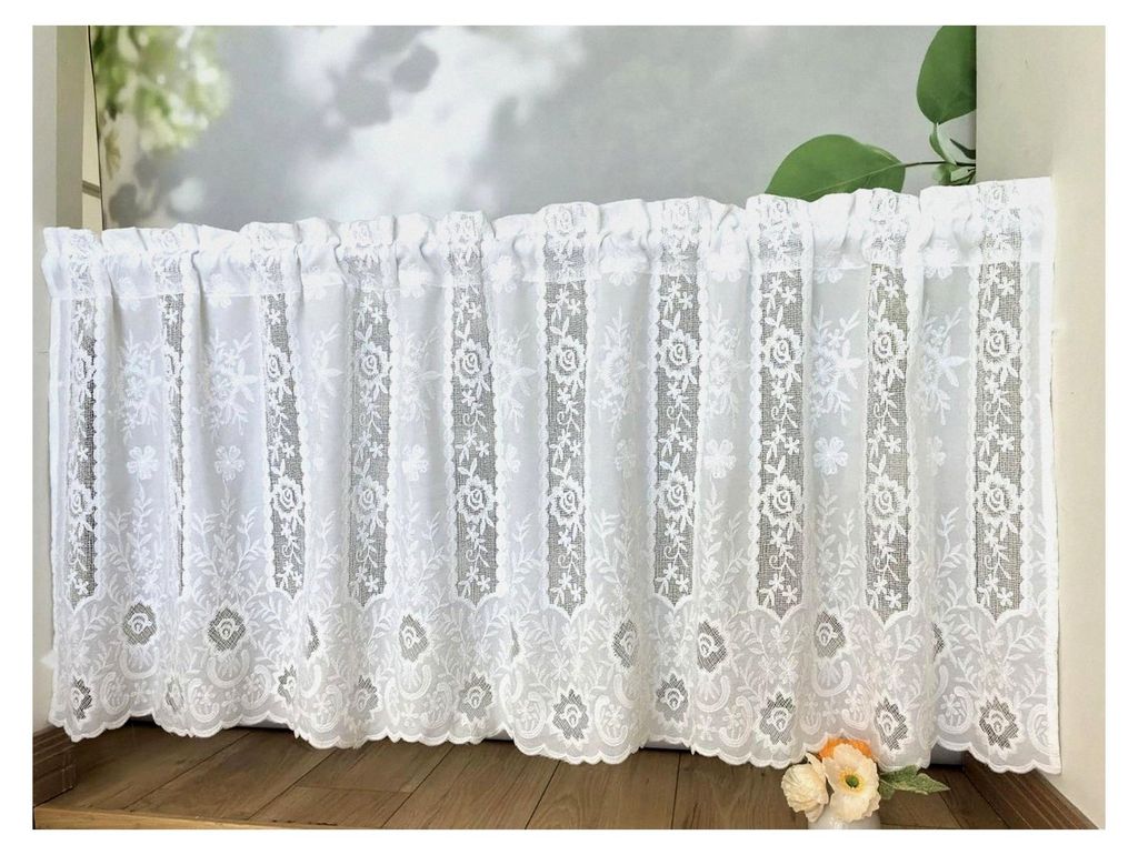 Scheibengardine mit Wellensaum und Blumenstickerei, halbtransparent, für Küche und Wohnzimmer, 1 Stück, Weiß, HxB 60x120cm