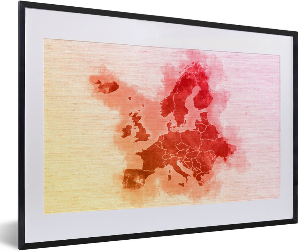 MuchoWow MuchoWow Gerahmtes Poster Karte von Europa - Aquarell - Rot 60x40 cm - Poster mit zchwarzem Bilderrahmen - Schlafzimmer - Plakat in Ra...