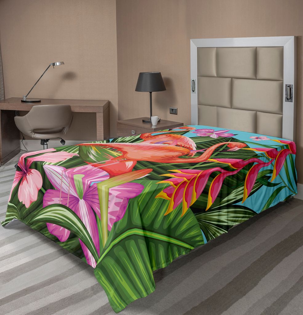 ABAKUHAUS Flamingo Bettlaken, Illustration Des Flamingos Mit Tropischer Garten Hibiscus Blumen BetriebsVintage, weiches bequemes oberes Bettlaken f...