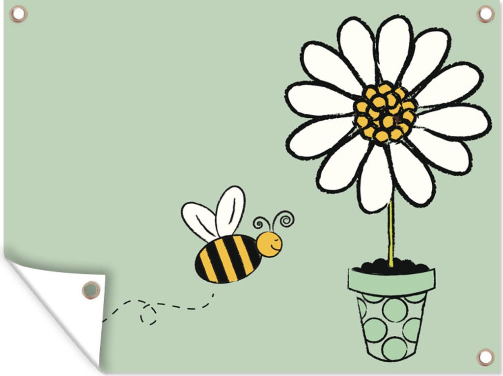 MuchoWow 80x60 cm Outdoor-Poster Gartendeko Sichtschutz Garten Poster für den Garten Illustration einer Biene, die auf eine weiße Blume zufliegt
