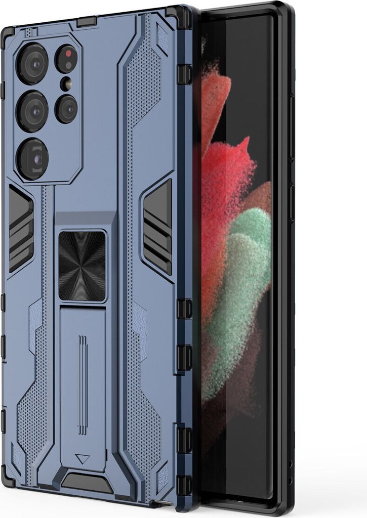 Galaxy S22 Ultra 5G Hülle, Dual Layer PC TPU Bumper Stoßfest Ständer Schutzhülle für Samsung Galaxy S22 Ultra 5G Blau