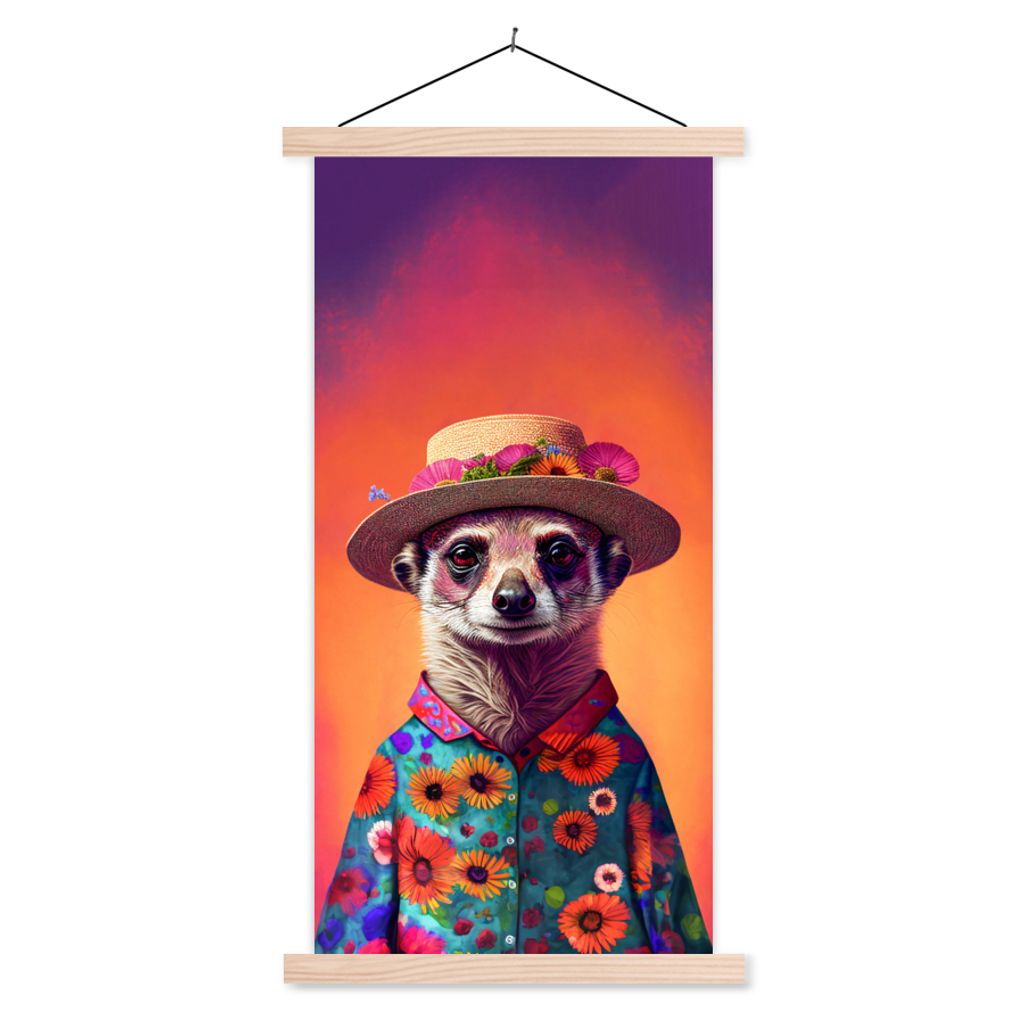 MuchoWow Textilposter Erdmännchen - Blumen - Hut - Tiere - Porträt - Erdmännchen 60x120 cm mit holzfarbenen Rahmen - Holz