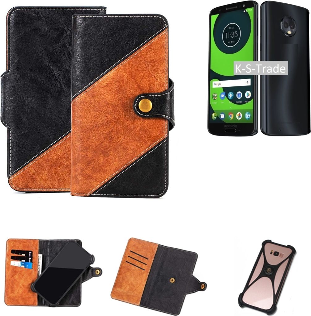 K-S-Trade Handyhülle Schutzhülle Bookstyle Case Wallet-Case kompatibel mit Motorola Moto G6 Plus Handy Cover Bumper Klapphülle schwarz hellbraun 1x