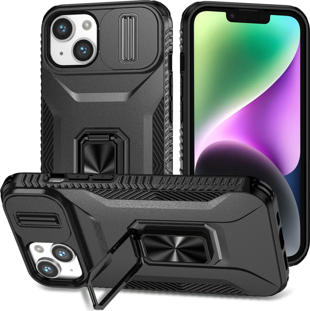 Custodia a doppio strato per iPhone 14 Plus custodia di protezione militare con protezione fotocamera scorrevole e supporto/supporto ad anello nero