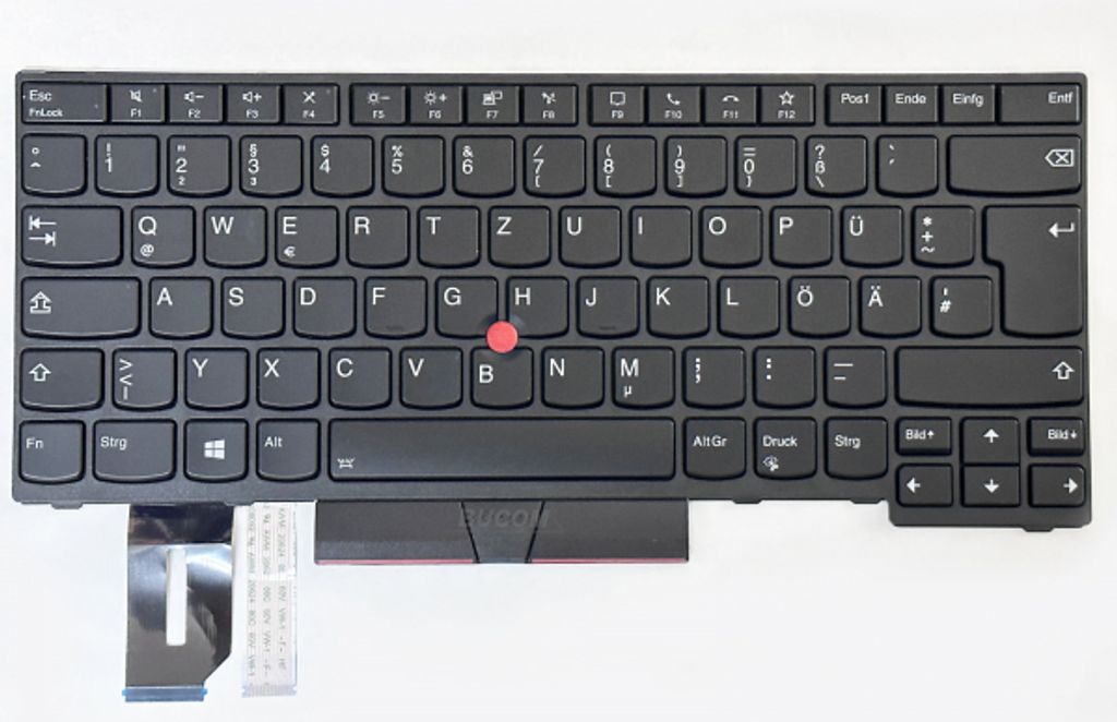 A black keyboard with a red trackpoint, shown from a top-down perspective against a white background. Cables are attached to the bottom left.