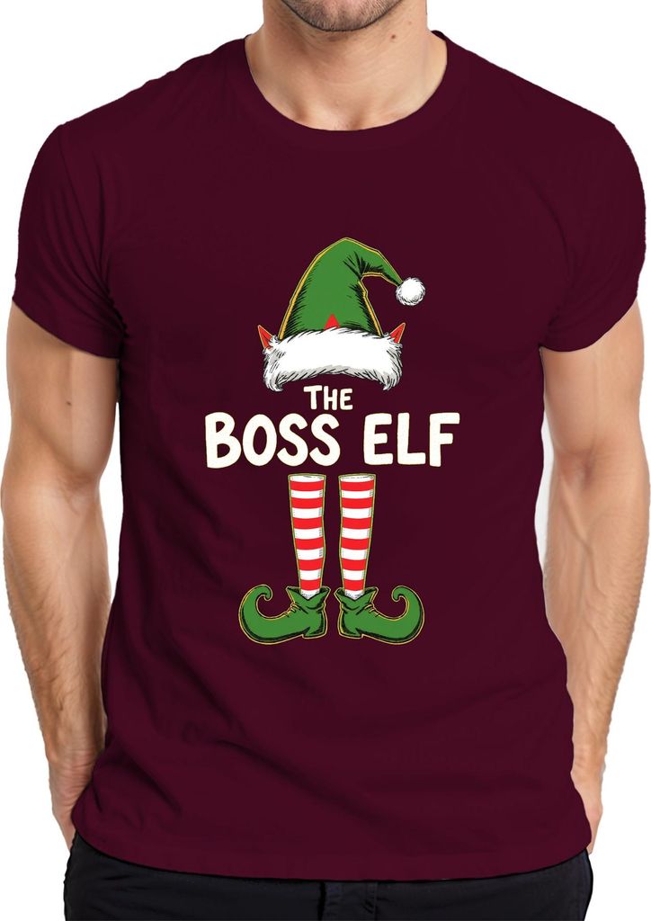 THE BOSS ELF Weihnachtswichtel Weihnachtshut Elfenstiefel Humor Herren T-Shirt, Burgundy, 3XL