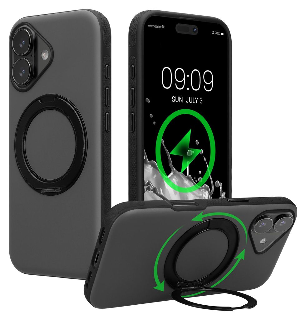 kwmobile Case mit 360° Standring für Apple iPhone 16 Hülle - Hardcase mit drehbaren Kickstand - kompatibel mit MagSafe - Schwarz