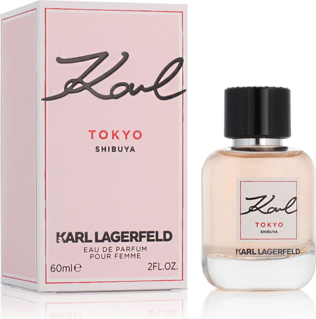A perfume bottle and its packaging are displayed against a white background.