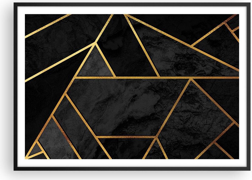 Gerahmtes Poster - Schwarzer Rahmen - Abstraktion Gold Schwarz - 100x70 cm - Wand Bild - Wanddeko - Wandbilder - Wandposter - Bilderrahmen - Bilder...