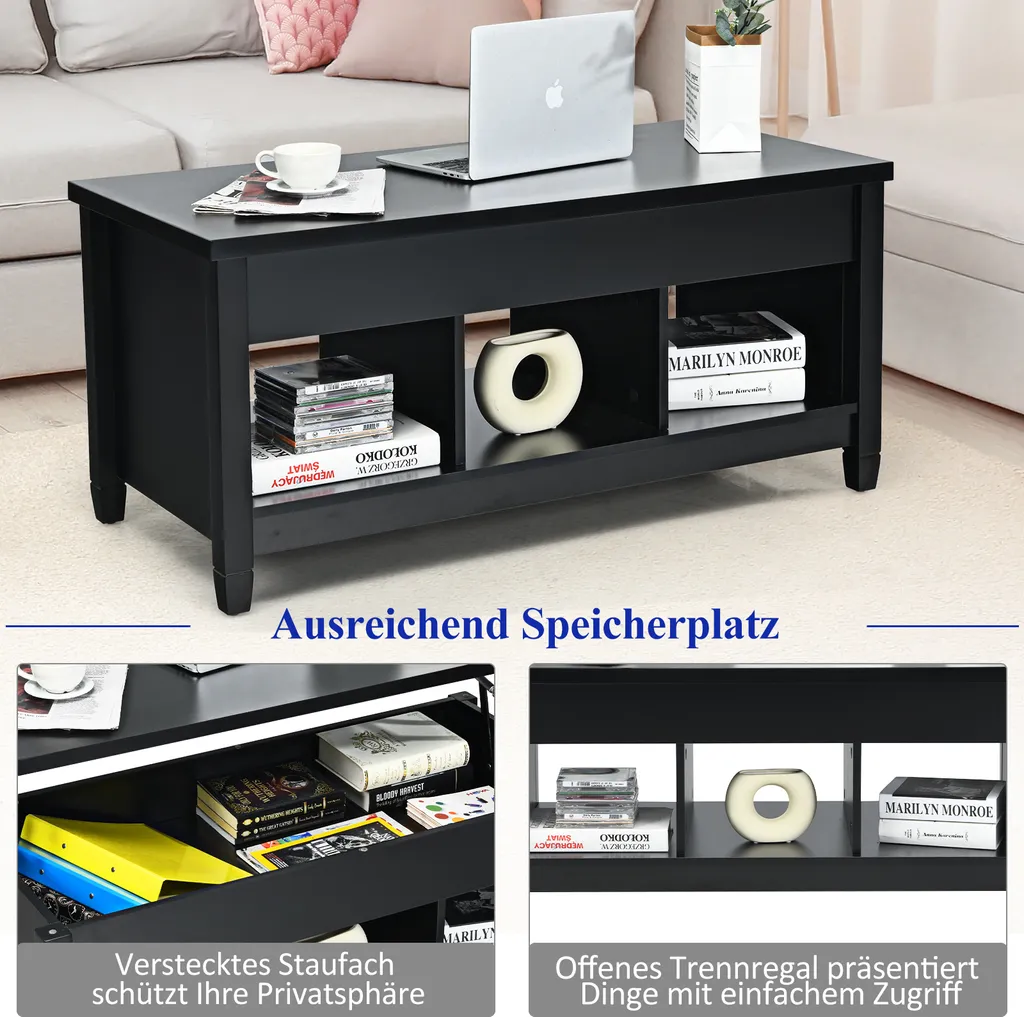 COSTWAY Table Basse Noir avec Plateau Relevable et Compartiment Intégré - 4