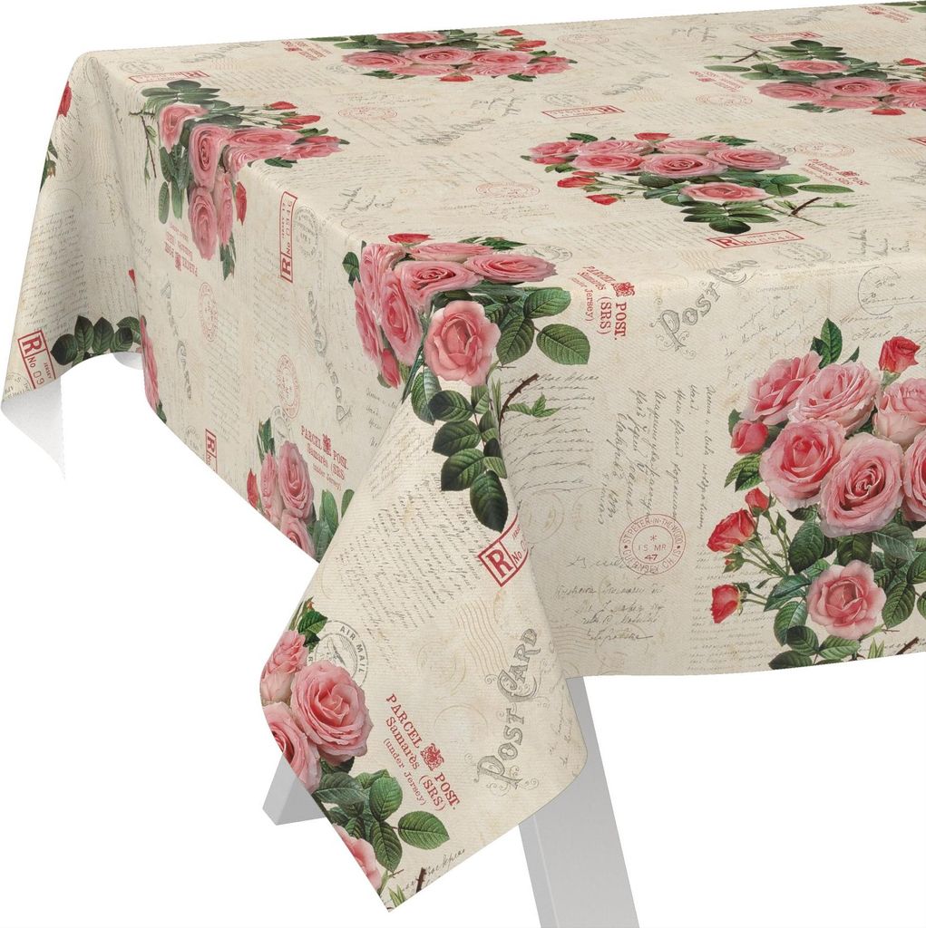 Tischdecke Shabby Chic Postkarte Rosen Beige 200x140cm Schnittkante Wachstuch abwaschbar