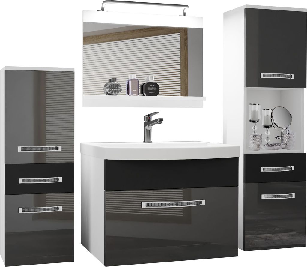 BELINI Badmöbel Vollausstattung Set Waschbeckenschrank, 1x kleiner Schrank, 1xHochschrank, Waschbecken, Spiegel, Lampe (Silber/ Schwarz, Glänzend...