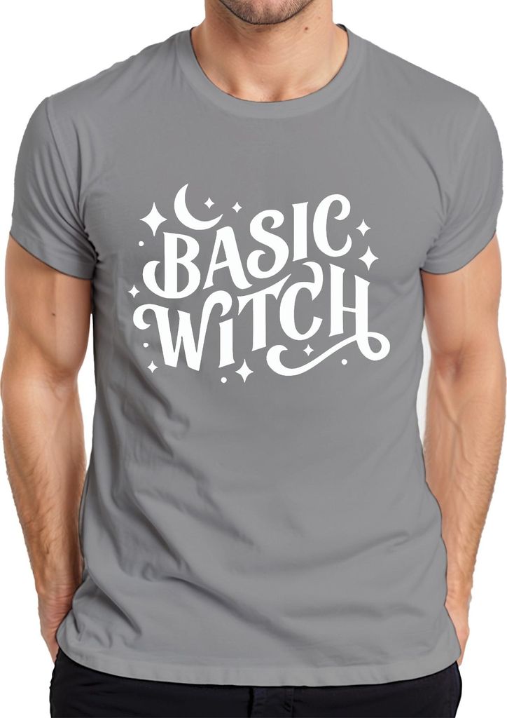 Basic Witch Hexe Halloween Mond Sterne Magisch Hexenfan Gothic Herren T-Shirt, Grau, 3XL