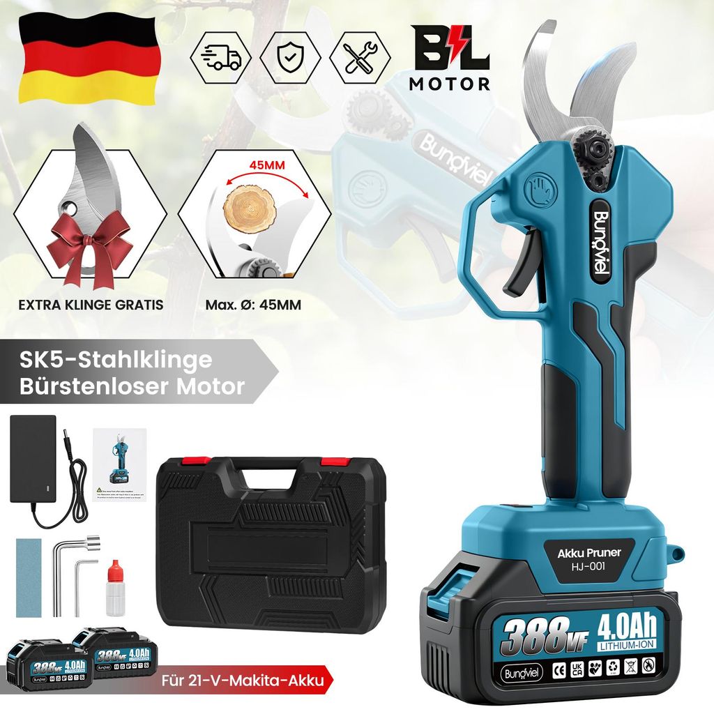 Akku Astschere Elektrische Gartenschere, bürstenloser Motor, Maximale Öffnung 40 mm, mit 2 Batterie, 21V Rebschere Baumschere