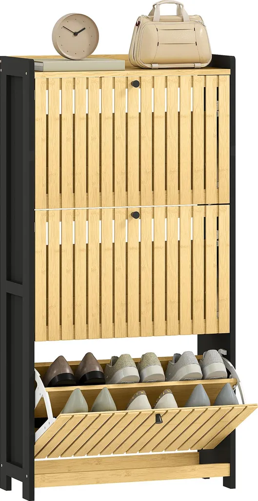 HOMCOM Meuble à chaussures étroit 18 paires noir et bambou 60x24x118cm