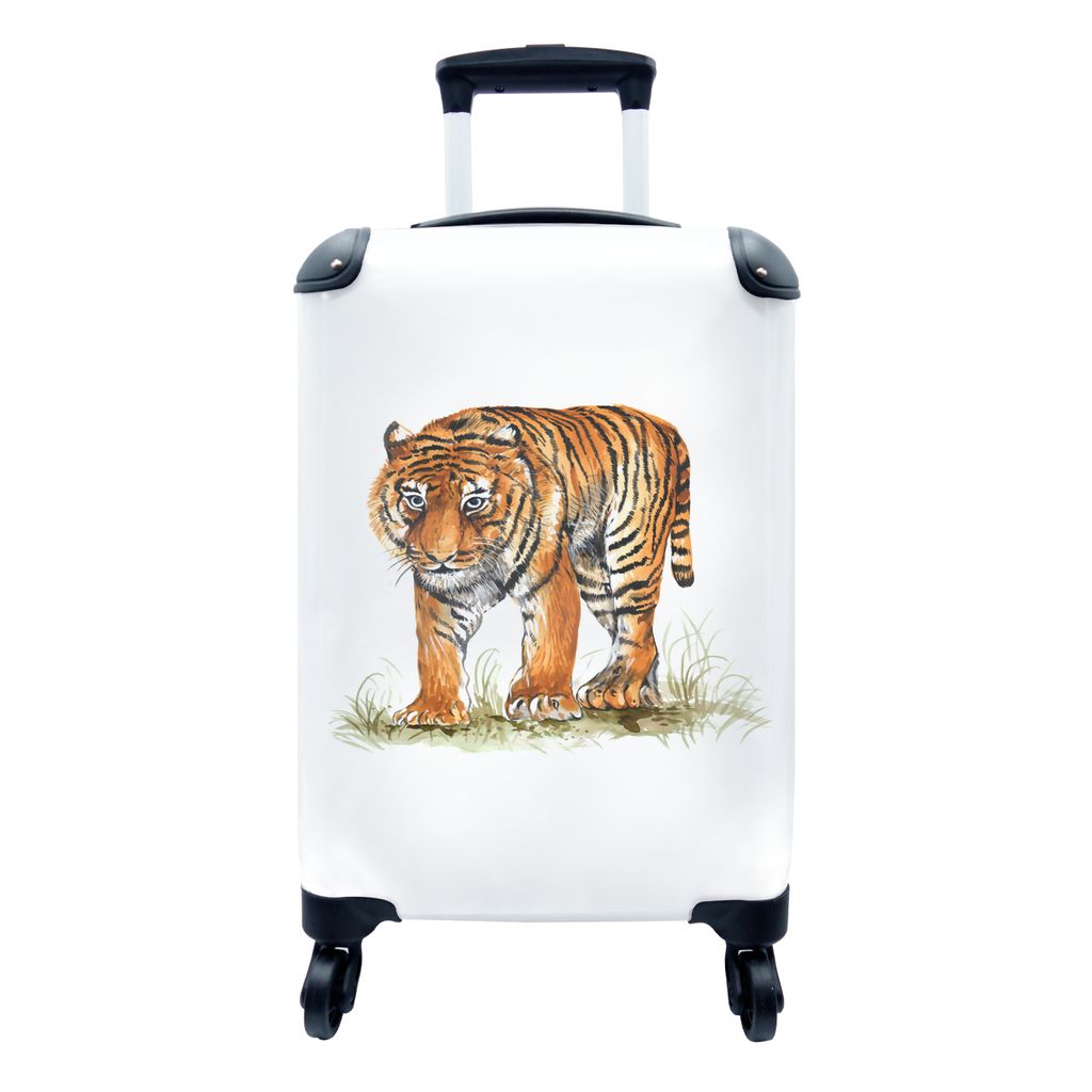 MuchoWow Koffer Handgepäck Trolley Rollkoffer Kleine Reisekoffer mit 4 Rollen - Tiger - Kopf - Gras - Cabin Size < 55x40x23 cm & 55x40x20 cm - F...