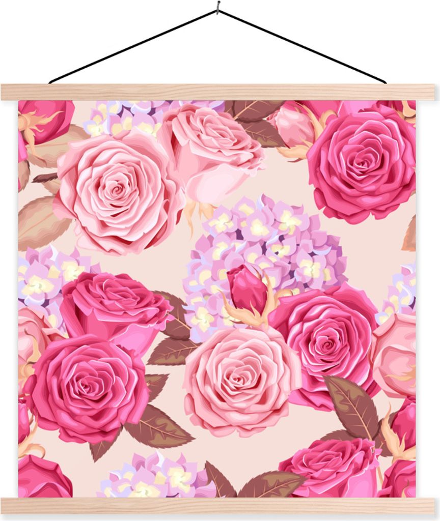 MuchoWow Textilposter Blumen - Rosen - Rosa 120x120 cm mit holzfarbenen Rahmen - Textil-Poster