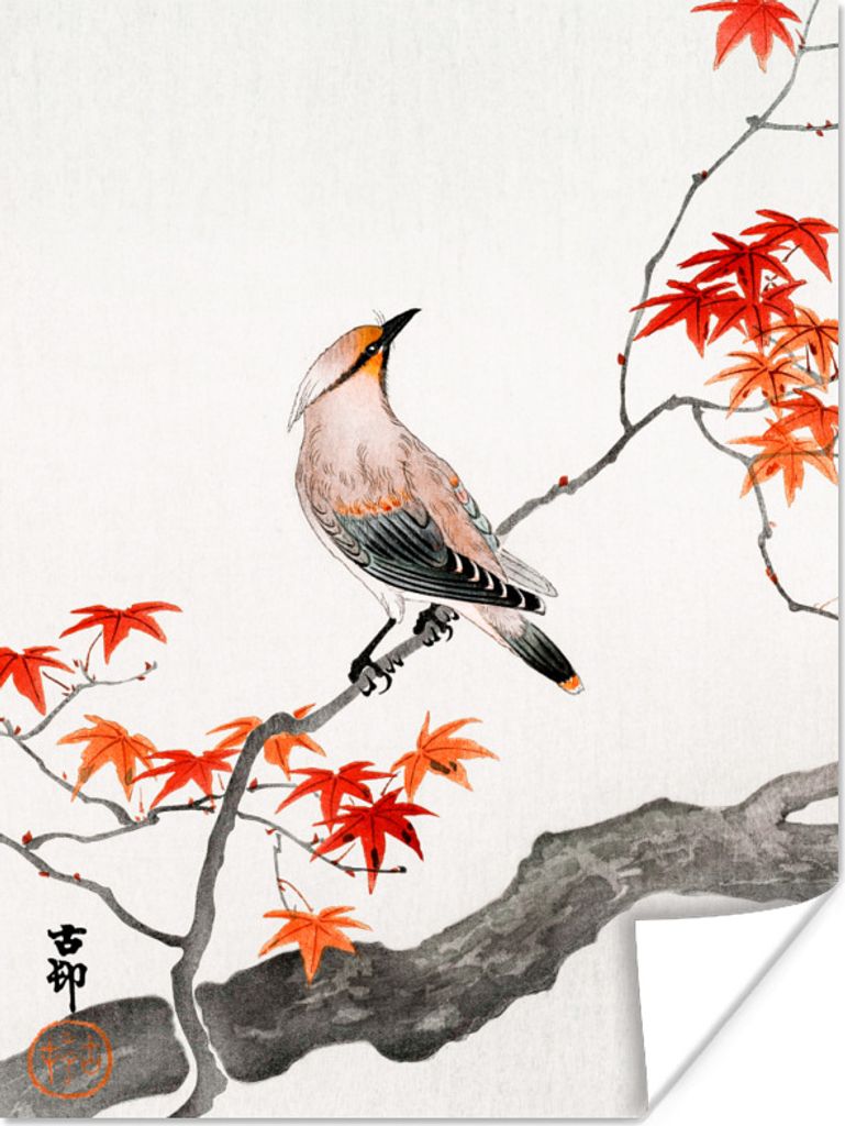 MuchoWow Poster Japanischer Ahorn - Vogel - Baum - Vintage 30x40 cm - Wandplakat - Poster Kinderzimmer