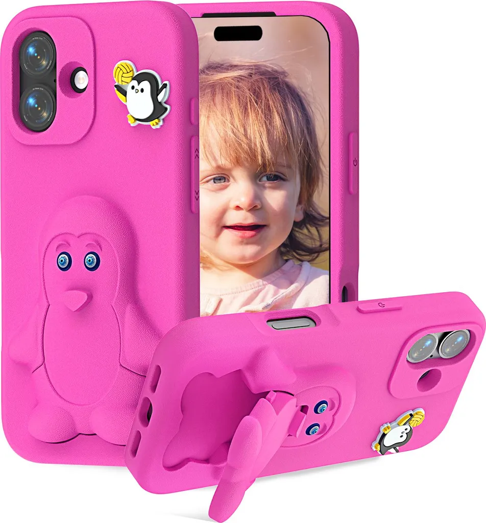 Custodia iPhone 16 per Bambini Rosa: Cover EVA Antiurto con Supporto Pinguino