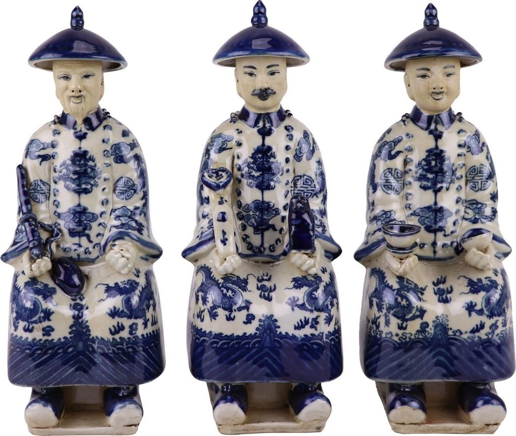 Fine Asianliving Chinesische Kaiser im Sitzen Porzellanfigur Statuen Drei Generationen Blau Weiß Handgemalt Set/3 B11xT10xH27cm