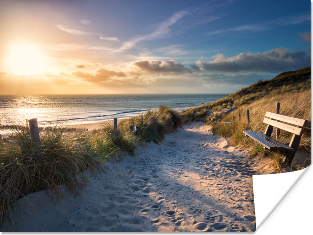 MuchoWow Poster Sonnenuntergang - Strand - Düne - Gras - Bank 40x30 cm - Plakate für die Wände - Poster Wohnzimmer