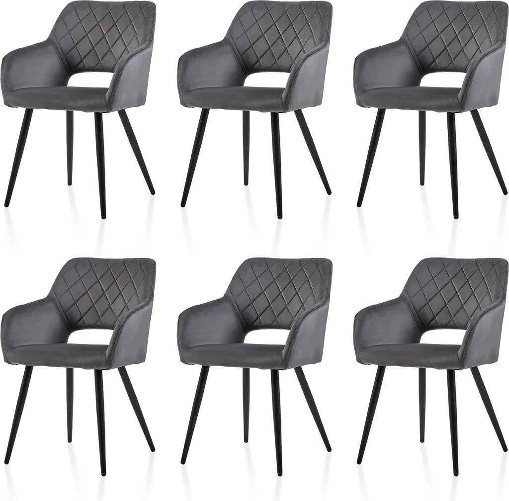 Lot de 6 Chaises de Salle à Manger Confortables en Velours Gris Foncé