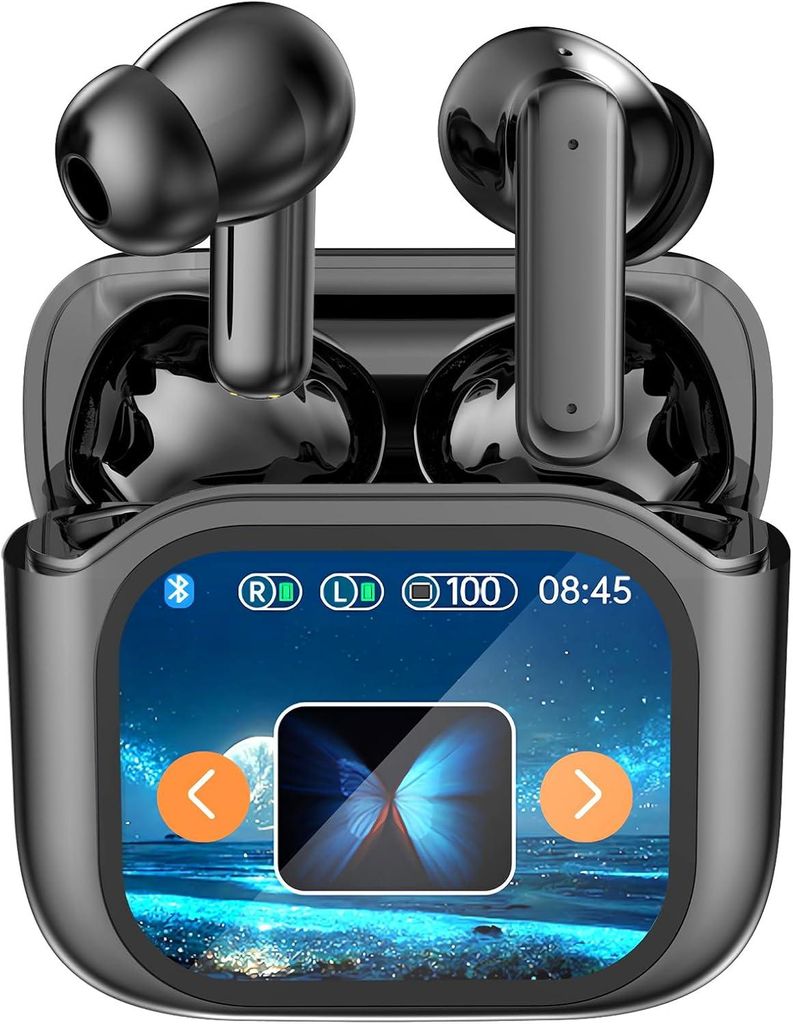 Übersetzer Kopfhörer – Translator Earbuds für Echtzeitübersetzung mit LCD-Touchscreen, unterstützt 144 Sprachen & 4 Übersetzungsmodi, Schwarz