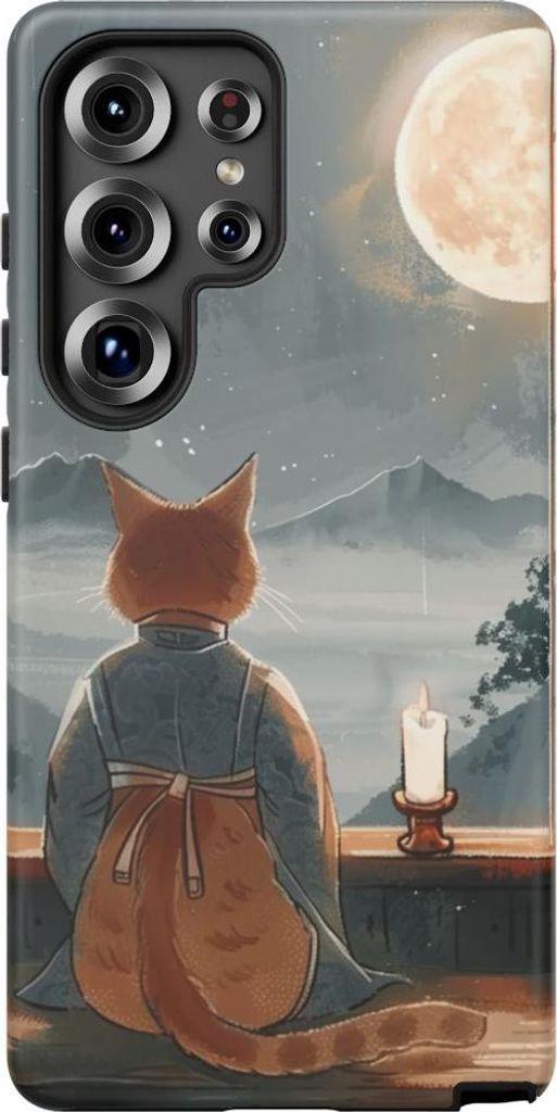 Nachdenkliche Katze im traditionellen Gewand blickt zum Mond – Hülle Kompatibel mit Galaxy S25 Ultra