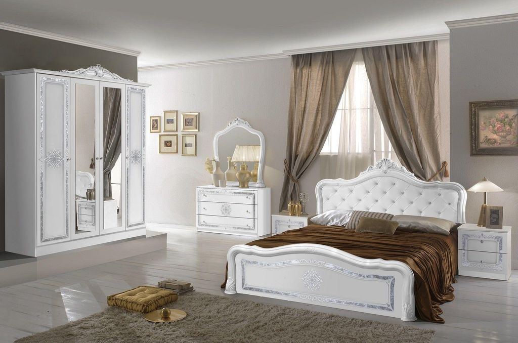 Barock Schlafzimmer-Set Leana 6-Teilig in Weiß/Silber 160 x 200 cm - 4-Türig