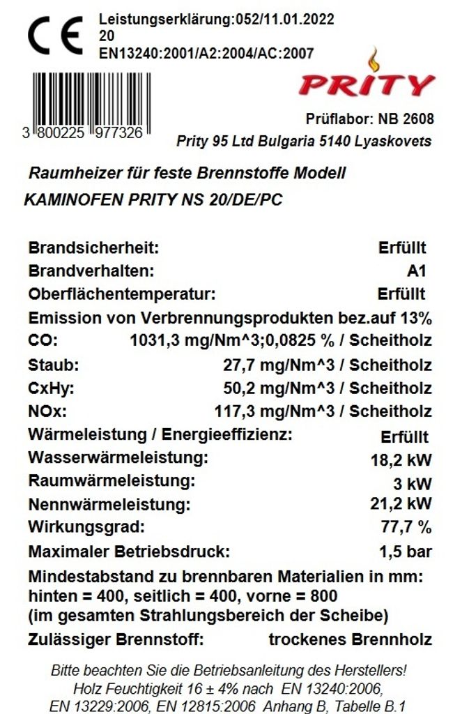 Wasserführender Kaminofen Holzofen Prity NS20 18.2 + 3kw Produktbild 3