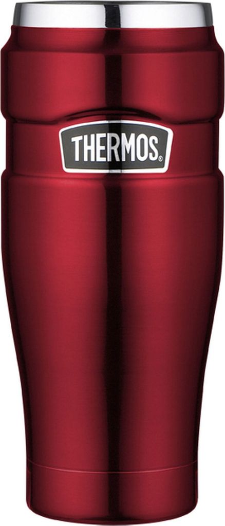 A red Thermos insulated mug is shown against a white background.