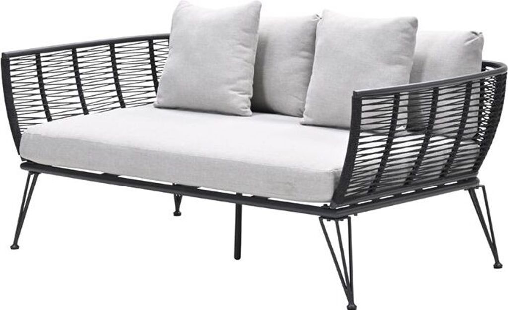 A studio shot of a modern outdoor daybed with a black metal frame and woven rope sides, featuring light gray cushions.