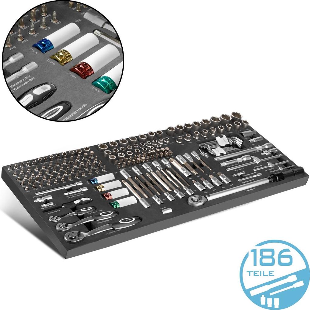 STAHLWERK Werkzeugeinlage mit 186-teiligem Bit- und Steckschlüssel-Satz CrV