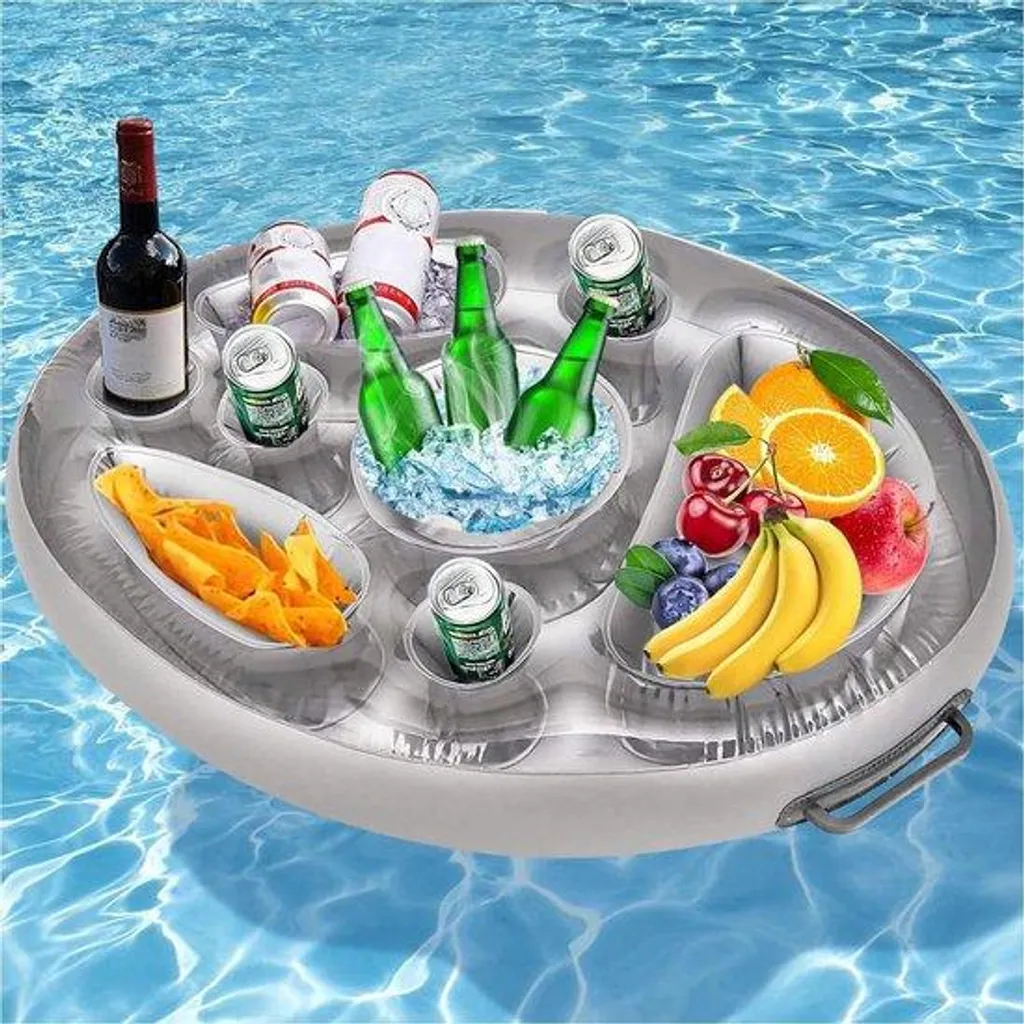 Plateau de piscine flottant gris avec porte-verre gonflable et isotherme