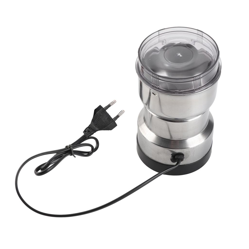 A stainless steel electric grinder with a transparent lid and a black power cord with a plug, shown on a white background.
