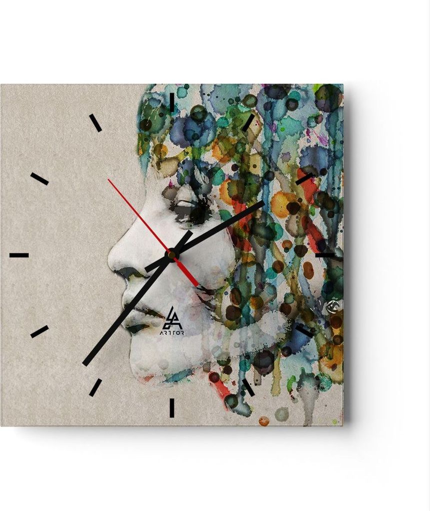 Wanduhr - Quadrat - Glasuhr - Gesicht Frau - 30x30cm - Schleichendes Uhrwerk - Lautlos - zum Aufhängen bereit - Dekoration Modern - Wanddekoration...