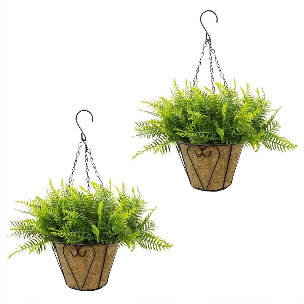 Künstliche Hängepflanze Farn 2er Set - UV-beständige Kunstpflanze in Hängekörben für Garten, Balkon, Terrasse & Innenbereich