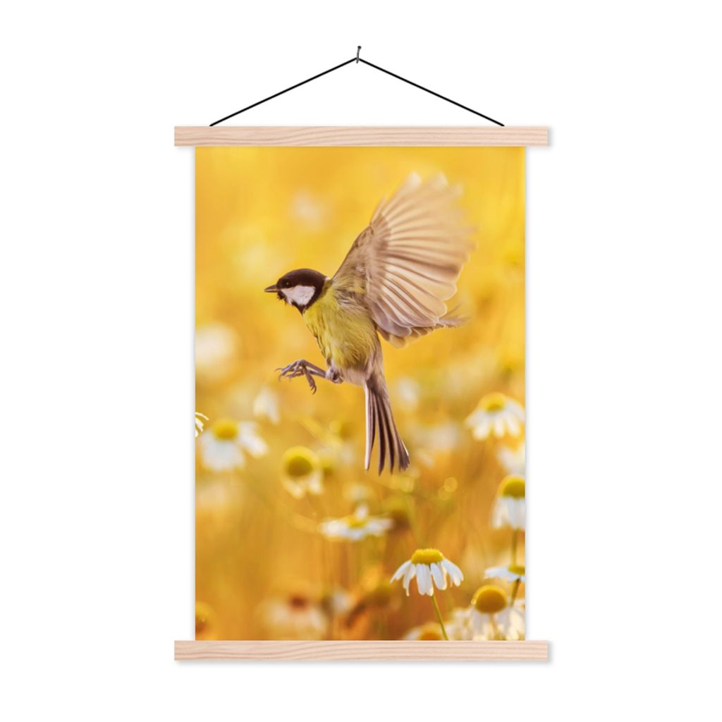 MuchoWow Textilposter Vogel - Kohlmeise - Blumen - Gänseblümchen 40x60 cm mit holzfarbenen Rahmen - Poster
