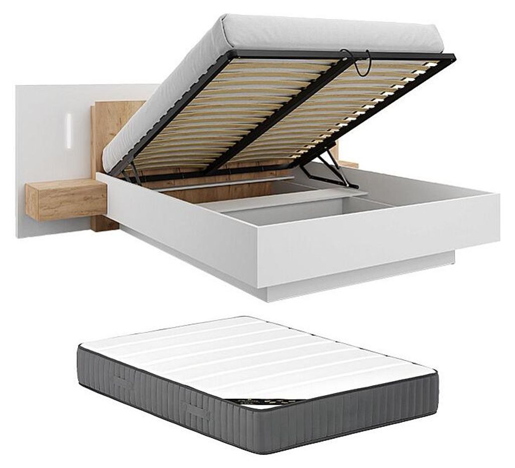 Boxbett mit Nachttischen 160 x 200 cm - 2 Schubladen - Mit LEDs - Weiß und Natur + Matratze - FRANCOLI