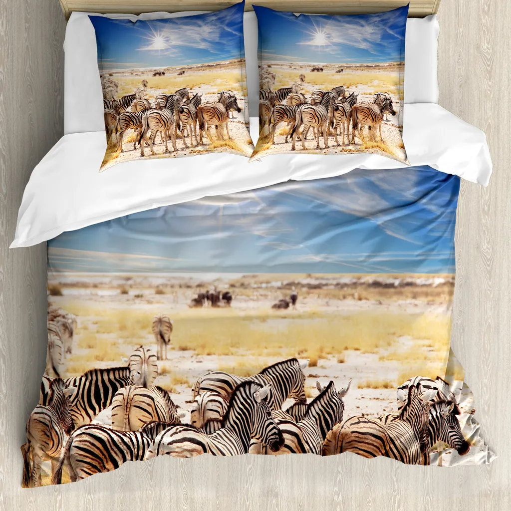 ABAKUHAUS Africa Copripiumino, Africa Safari Park, antiacaro, adatto a chi soffre di allergie, con federe, 200 cm x 200 cm - 80 x 80 cm, multicolore