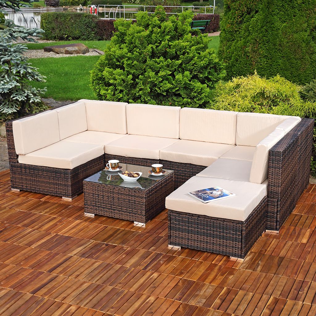 Poly Rattan Lounge Set Gartenmöbel Sitzgruppe Garten Sofa Couch Ottomane Hocker 