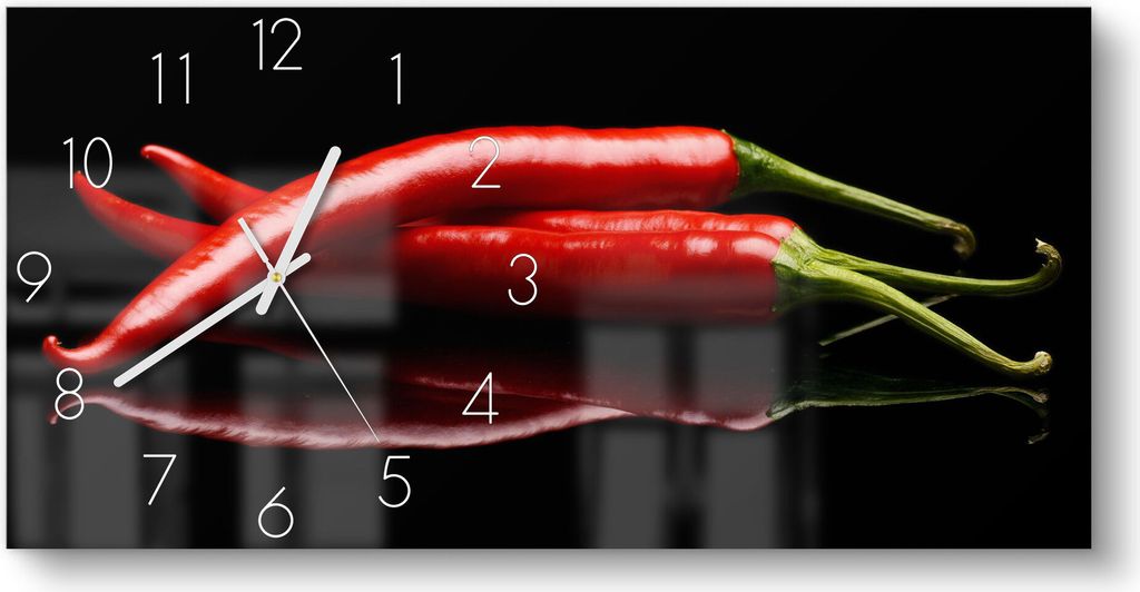 DEQORI Glasuhr 60x30 cm Zahlen 'Drei Chilischoten' Wanduhr Produktbild 