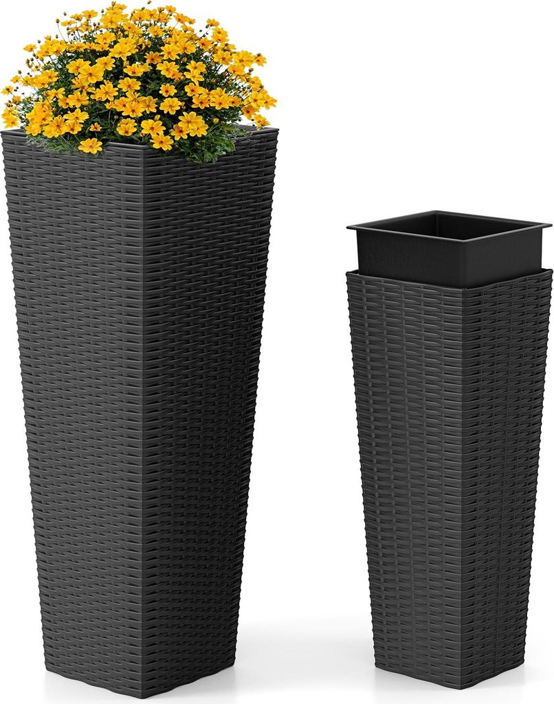 COSTWAY 2er Pflanzkübel 82cm/60cm hoch, Polyrattan Pflanzgefäße mit Innentopf & Entwässerungslöchern, Blumentöpfe Übertopf stapelbar Schwarz