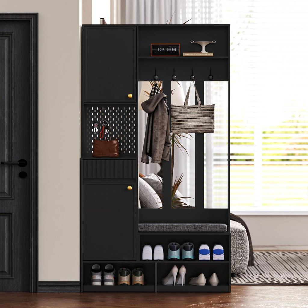 Garderobenset mit Sitzbank, Pegboard, 4 Haken, 2 Schubladen & Schrank, MDF, Schwarz, 100×35×180 cm