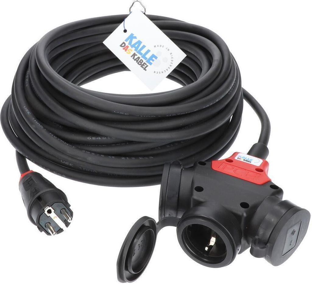 KALLE DAS KABEL Verlängerungskabel H07RN-F 3G 1,5 mm² 10 Meter IP44 Schuko 3-Fach Kupplung Stromkabel 3-fach-Verteiler Campingkabel Baustellenkab...