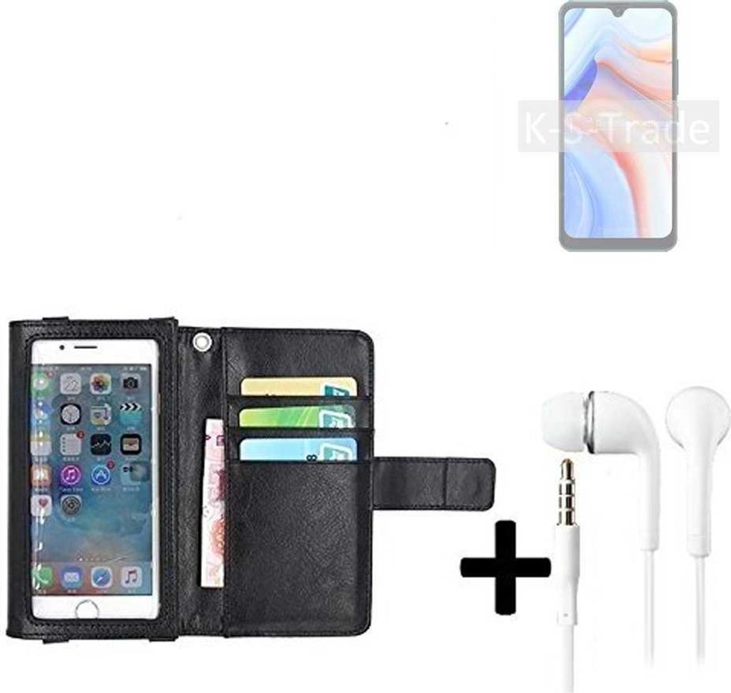 K-S-Trade Handyhülle + Kopfhörer kompatibel mit Cubot Note 8 Schutzhülle Case mit Displayschutz / Schutzfolie schwarz + Kopfhörer Flip Cover