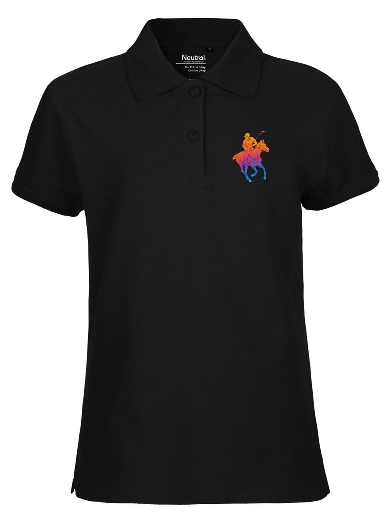 Huuraa Damen Polo Shirt Polo Spieler bunte Silhouette XS Black Bio Baumwolle Fairtrade Poloshirt Geschenkidee