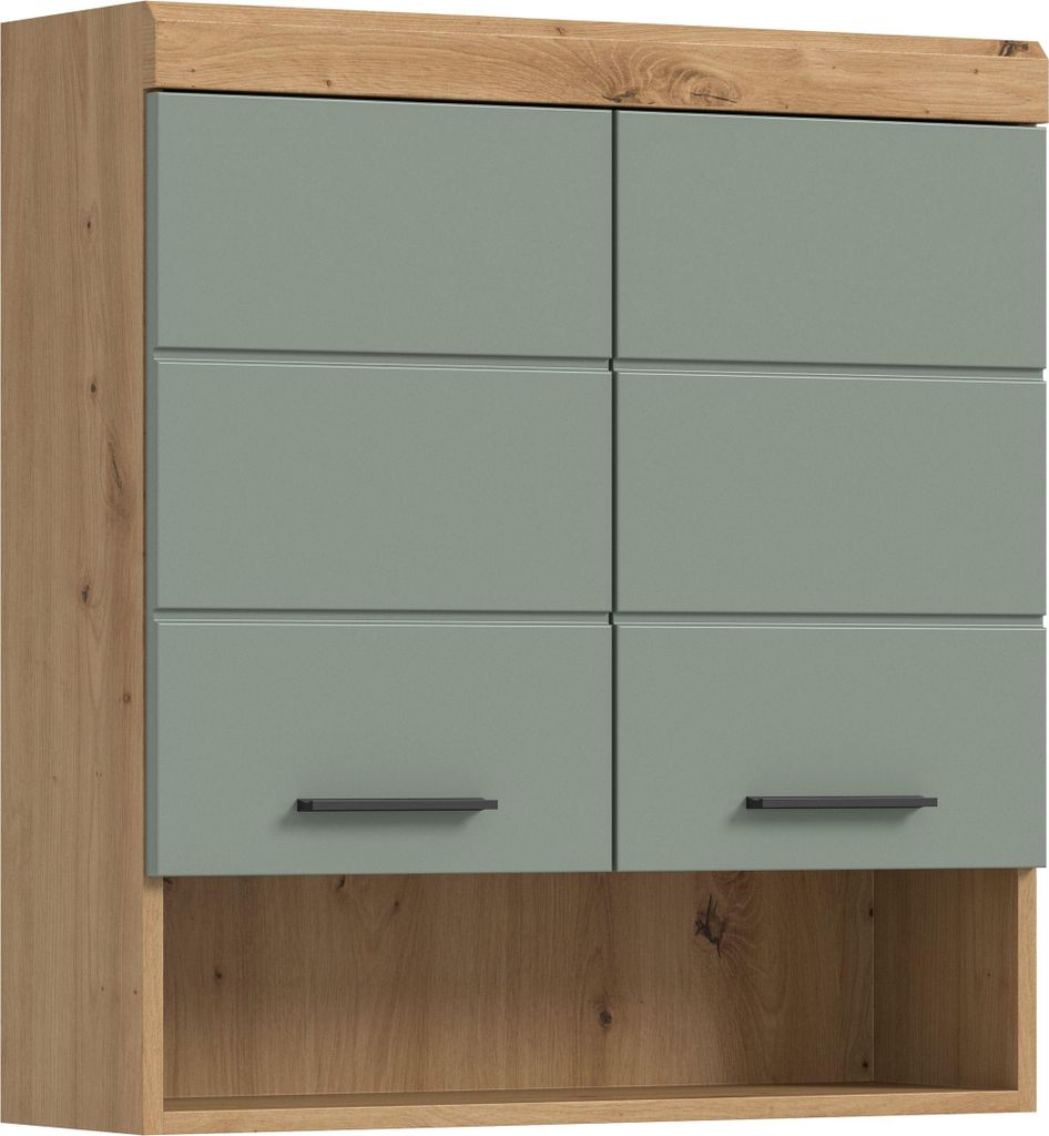 A wall-mounted cabinet with wooden accents and green doors.